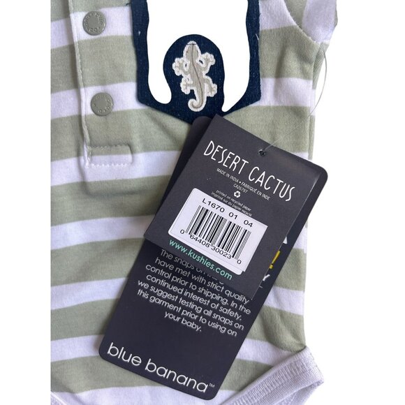 Kushies Blue Banana Short Sleeve Bodysuit Green White Stripes Snaps -New Born - Picture 5 of 7